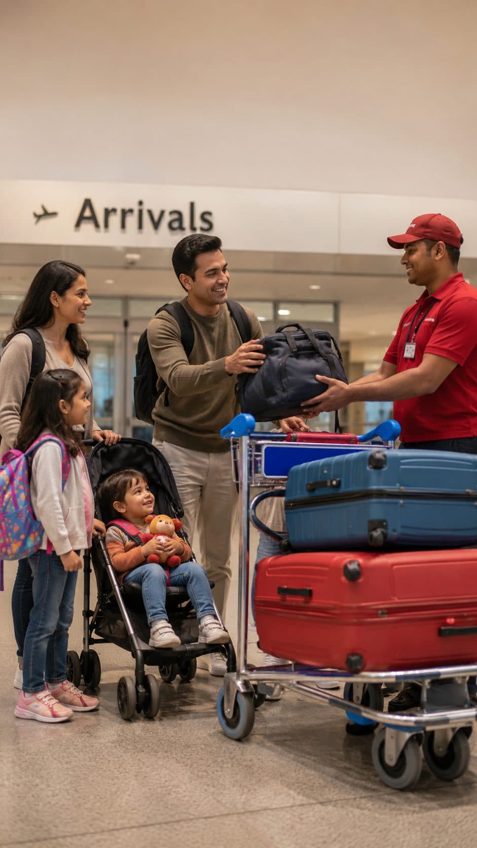 An airport porter greeting an Indian family at Arrivals and carrying their bags