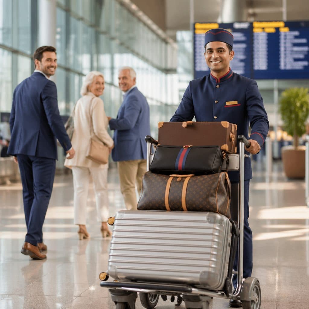 A uniformed Akasa airport porter pushing a cart loaded with travellers' luggage